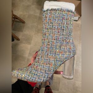 Jeffrey Campbell Multicolor Tweed Ankle Boots with Clear Block Heel